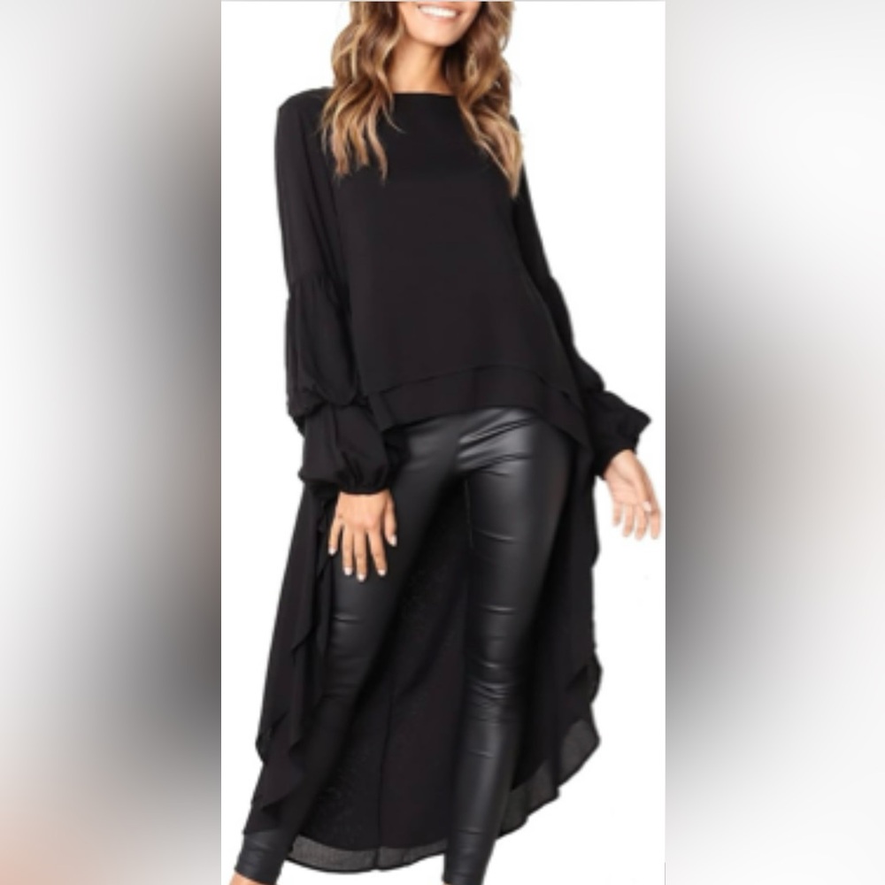 Elegant High Low Women’s Black Blouse with Puff Sleeves, size Medium